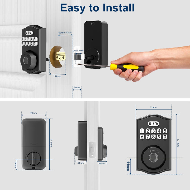 Smart Door Lock - Keyless Entry with Fingerprint/Bluetooth APP Control/Password, Auto Lock, One Time Code, Black