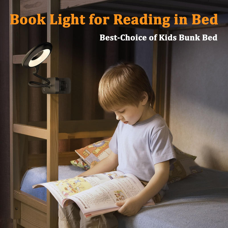 Clip on Light Rechargeable with Large Clamp, Battery Operated Bed Headboard Reading Lamp - 5 Colors 5 Brightness, Flexible Arm Book Light at Night for Kids Desk Bunk Metal Bed Frame (Black) 1Pack Black