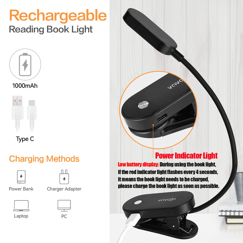 VAVOFO Rechargeable Book Light, 14 LEDs Eye Care Clip On Amber Reading Light for Bookworms Reading in Bed with 9 Colors 9 Brightness(Black) Black