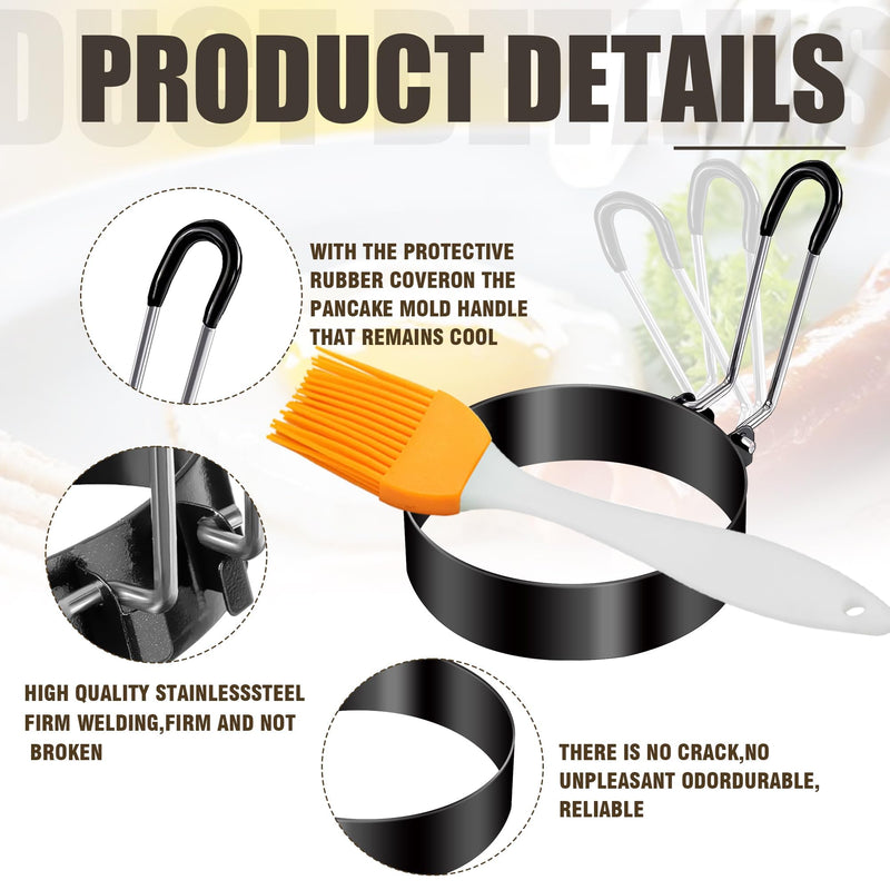 12 Pcs Egg Rings for Frying Eggs Nonstick Pancake Mold Stainless Steel Egg Mold with 4 Silicone Brushes,Portable Round Shape with Handle For Breakfast Camping Sandwiches (3 Inch)