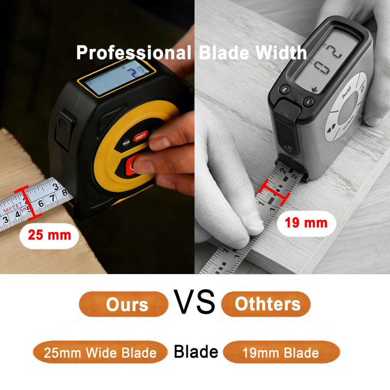 TLW Digital Tape Measure 16ft/5m, 25mm Wide Blade Retractable Measuring Tape with Easy Read LCD Screen, 9 Data Memory, 2-in-1 Auto Lock Metric and Imperial Units