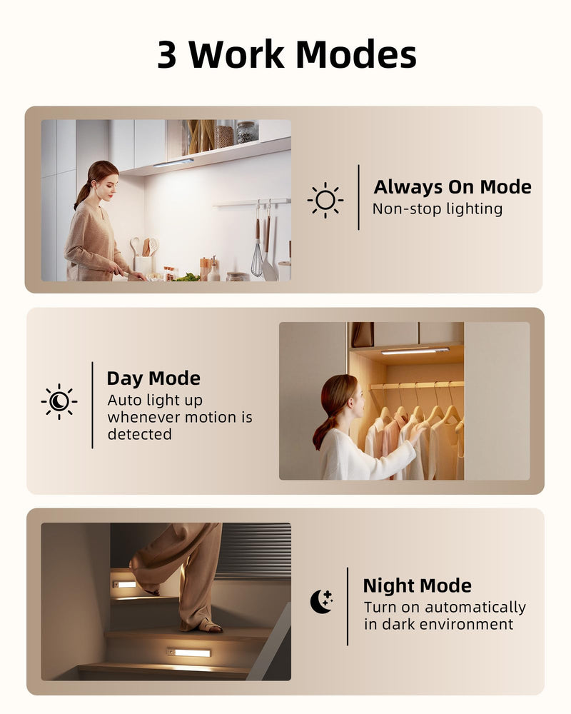 EZVALO Under Cabinet Lighting Wireless, 3 Color Temps Motion Sensor Light Indoor, 62 LED Rechargeable Battery Operated Closet Lights, Dimmable Magnetic Under Counter Lights for Kitchen, Stairs(2 Pack) 2Pack-8inch White