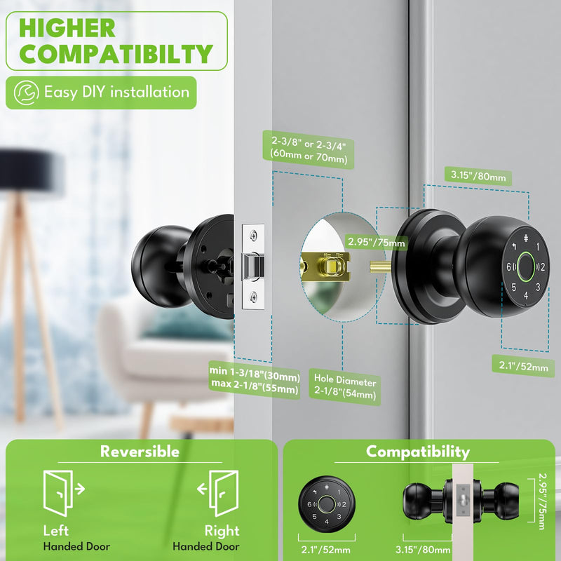 Fingerprint Door Lock, Smart Door Knob, 2.4G WiFi Biometric Door Knobs with App Control, Auto Lock Door Lock with Code, Thumbprint Door Knob for Bedrooms, Office, Apartment, Offices,Hotels-Grey Gray