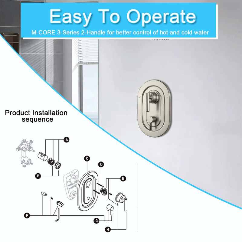T2900BN Brushed Nickel Shower Handle 3-Function Transfer Valve Shower Trim Kit, Compatible with Moen T2900BN Gibson Posi-Temp Series, Multi-Function Shower Handle (Valve Not Included)
