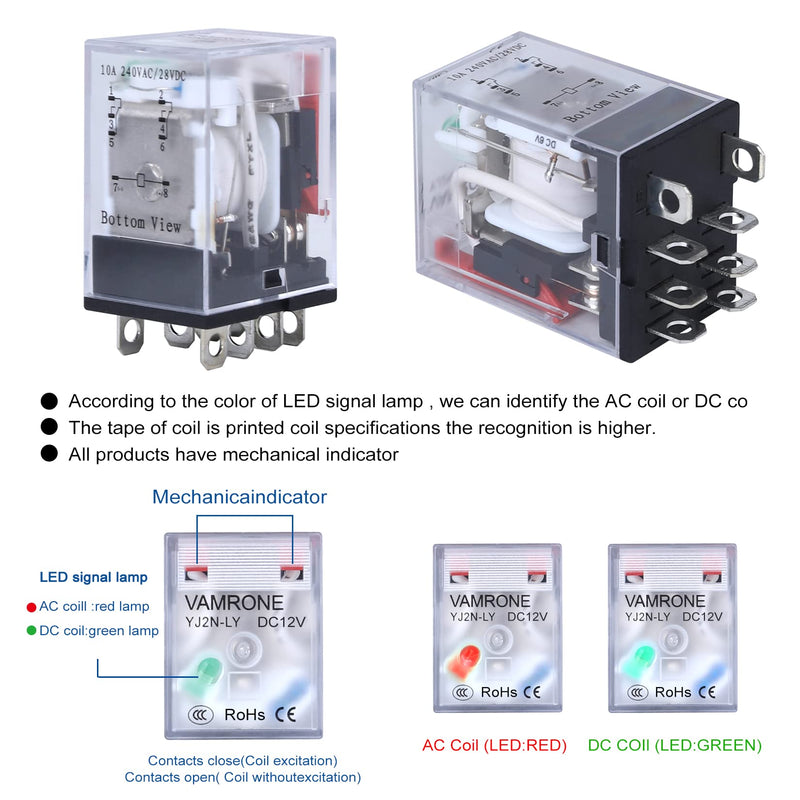 Electromagnetic Power Relay, 8-Pin 10 AMP 12V DC Relay Coil with Socket Base, LED Indicator, DPDT 2NO 2NC - MY2NJ 2PCS [Applicable for DIN Rail System] DC 12V 8Pin-10A-2PCS