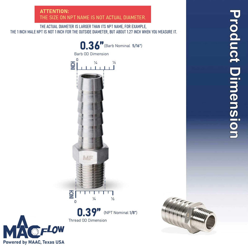 MAACFLOW Stainless Steel 1/8" Male NPT to 5/16" Hose ID Barb Barbed Hose Fitting Adaptor Connector (Pack of 2) 5/16" Barb x 1/8" Male NPT Pack of 2