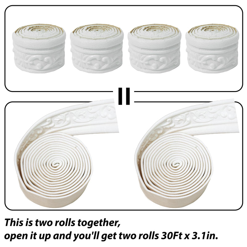 WADILE 90" x 3.1" Peel Stick Foam Molding Trim Self Adhesive, Crown Molding Wallpaper Border Flexible, 3D Wall Edging Lines Foam Baseboard, Wall Trim for Home, White, 4PC 4 PCS