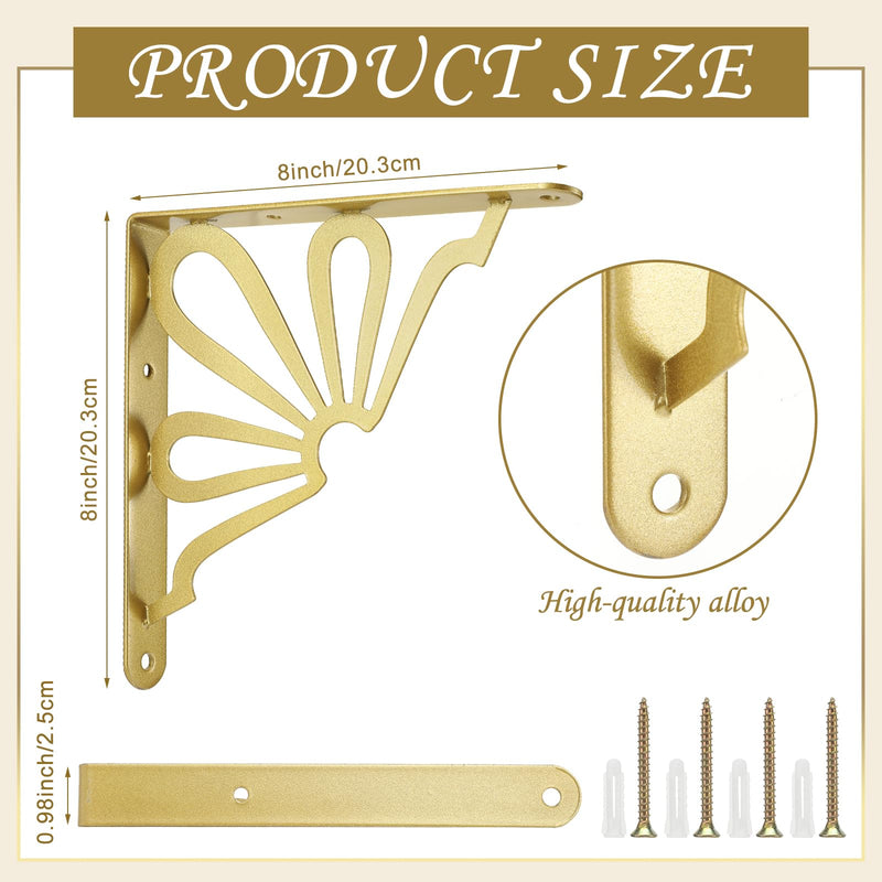 Lounsweer 2 Pcs 8inch Decorative Gold Shelf Bracket Heavy Duty Wall Mounted Support Modern Metal Floating L Shaped Shelf Rack with Hardware for DIY Kitchen Shelving Wall Decor Sun