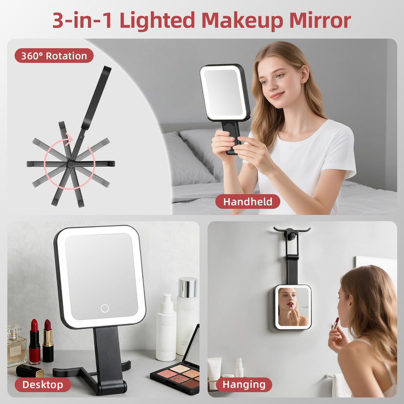 Travel Makeup Mirror with Lights, 1500mAh Rechargeable, Double-Sided 10X/1X Magnification, 3 Color Lighting, Smart Touch Dimming, Precision Tweezers, Lighted Mirror for Desk, Trip, Home, Office, Black