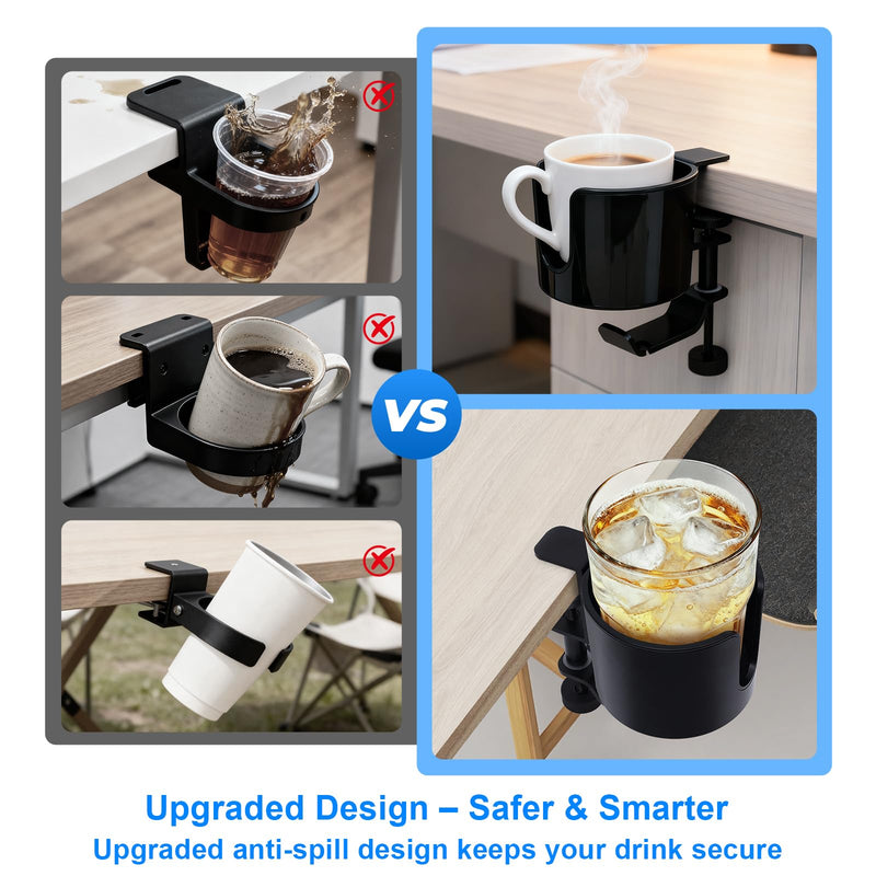 Clamp-On Desk Cup Holder with 360° Rotating Hook – Anti-Spill Drink Holder with No-Scratch Silicone Pads, Fits Mugs & Tumblers – for Home Office, Gaming, Camping & Outdoor Tables