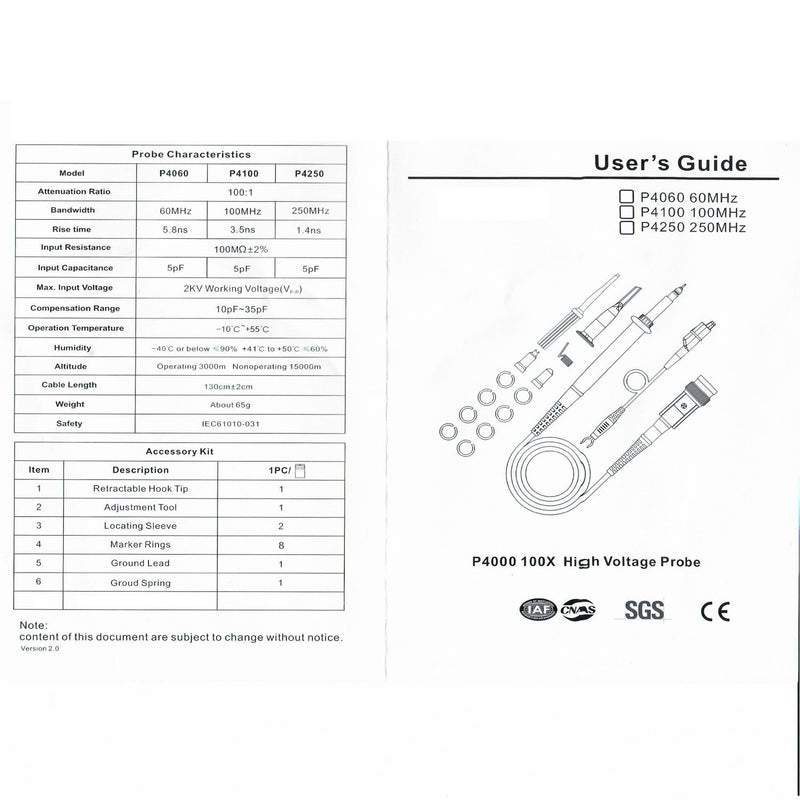 Generic P4100 High Voltage Probe 100MHz Bandwidth 100:1 Attenuation Ratio 2KV Working Voltage DC+ACpk