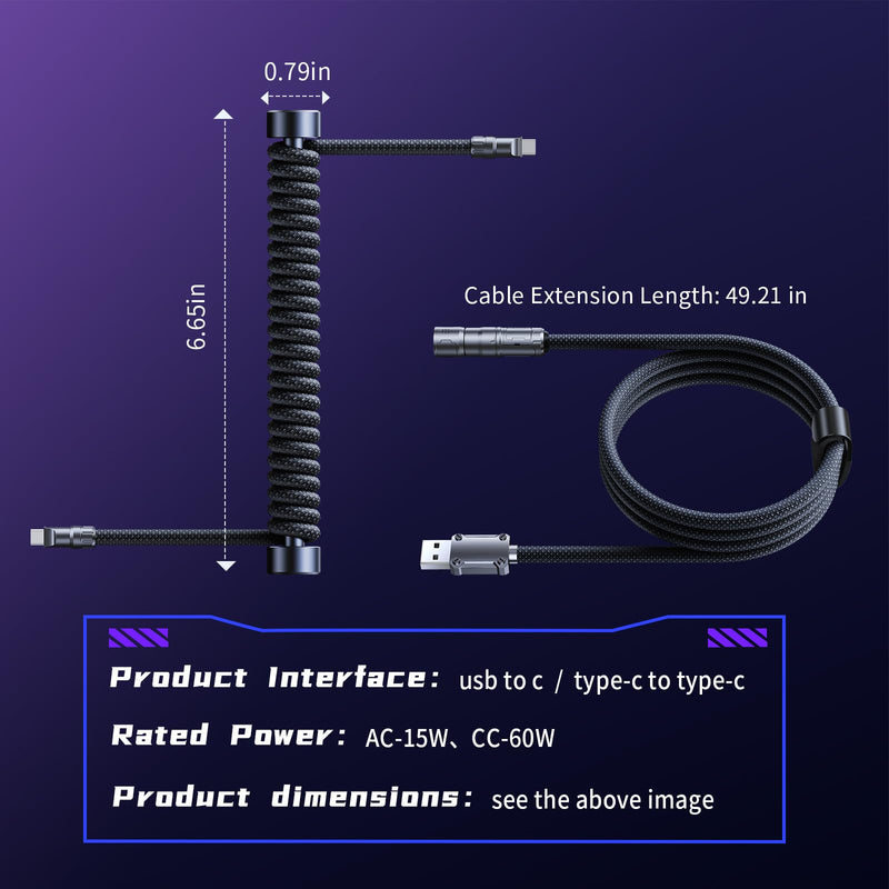 Mix Coiled Keyboard Cable, USB C to A Nylon Braided for Mechanical Gaming Keyboard with Zinc Alloy Connector, One-Touch Lock & Weighted Bar, Supports 8K Polling Rate Magnetic Keyboard, Black