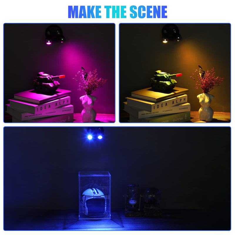 Honoson 4 Pack Dual Head Battery Operated Spotlights Indoor Wireless RGB LED Spot Light with Remote 13 Color Accent Lights with Rotatable Head Stick on Wall Hallway, for Painting Picture(Black) Black