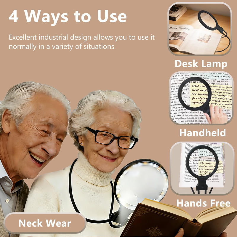 Hands-Free Magnifying Glass with Light, Rechargeable Neck Magnifier for Reading, Crafts, Cross Stitch - Adjustable Brightness for Low Vision Seniors & Close Work (White & Warm Light) White & Warm Light
