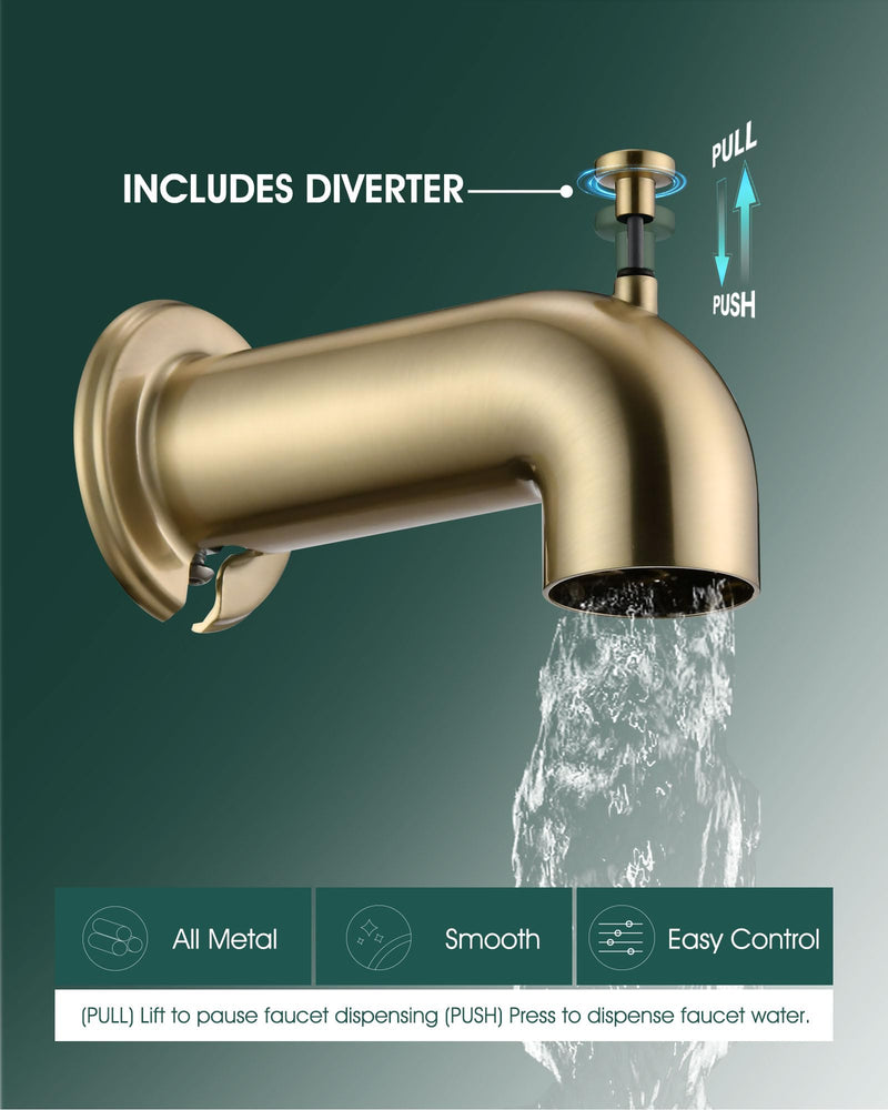 Slip-On Extra Long Tub Spout with Diverter, 1/2 Inch Slip Fit Connection,Brushed Gold Brushed Gold