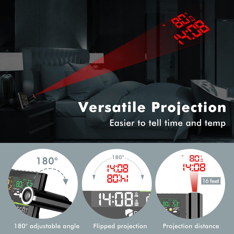 DR.PREPARE Projection Alarm Clock, Adjustable Projection Focus, Wireless Indoor Outdoor Temperature Humidity Monitor, 180° Projector, Snooze, Weather Forecast, Dual Alarms for Bedroom, Heavy Sleeper Upgrade
