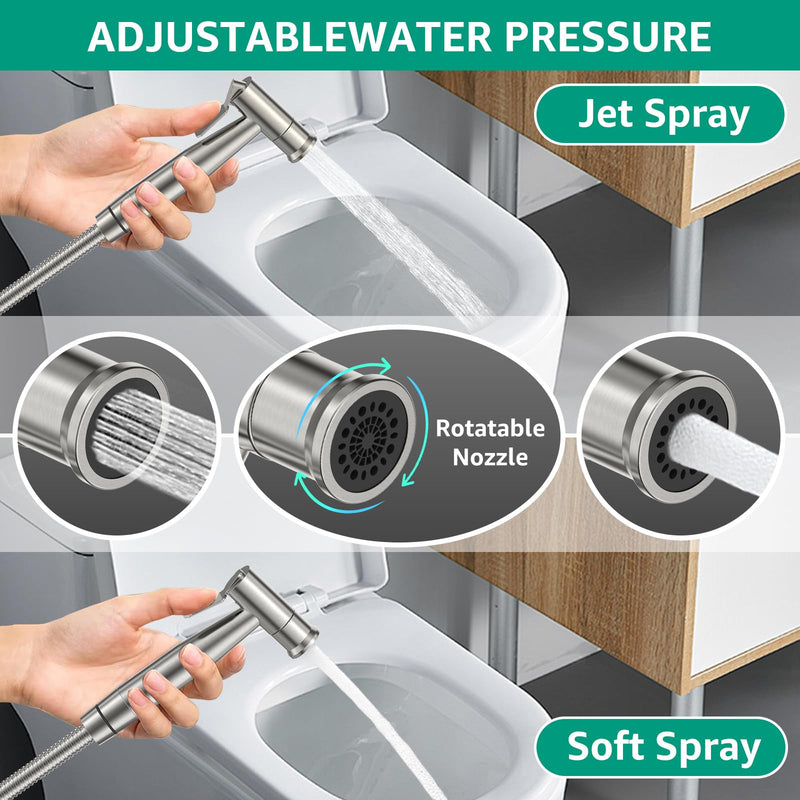 Handheld Bidet Sprayer for Toilet Brushed Nickel with Leakproof Hose,Stainless Steel Cloth Diaper Sprayer,Adjustable Water Pressure,Dual Mode Wall/Toilet Mount Jet Spray for Baby Feminine Senior Wash