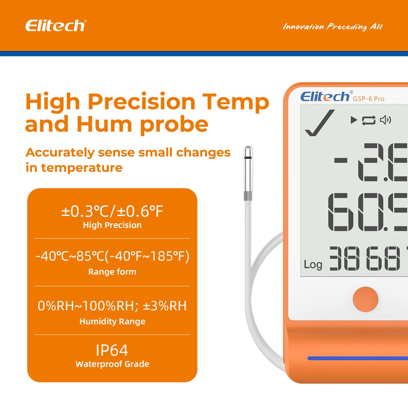Elitech Bluetooth Hygrometer Thermometer Data Logger Temperature Humidity with Shadow Data 100000 Points Data Storage Export, Pharmacy Vaccine DDL Calibration Certificate, MAX MIN AVR MKT GSP-6Pro GSP-6Pro, T&H Probe 1