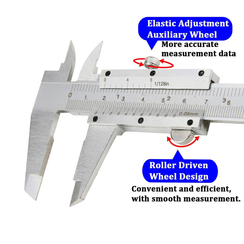 Non Digital Vernier Caliper, 6"/150mm Stainless Steel Caliper Measuring Tool, High Precision Micrometer Carbon Caliper, 1/128" & 0.05mm Dual Reading Scale