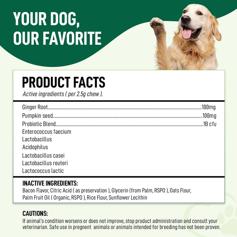 Probiotics for Dogs – 120 Soft Chews, Bacon Flavor | Digestive Enzymes, Gut Health & Immune Support with Pumpkin Seed & Ginger | for All Breeds