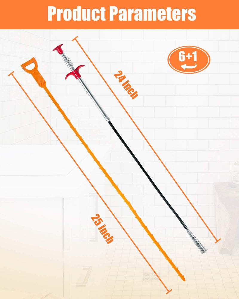 25inch Hair Drain Clog Remover Tool(6pcs), 24inch Drain Cleaner Sticks To Drain Hair Clog For Remover (1pcs), Drain Hair Remover Tool For Sewer, Toilet, Kitchen Sink, Bathroom Tub,(6+1)