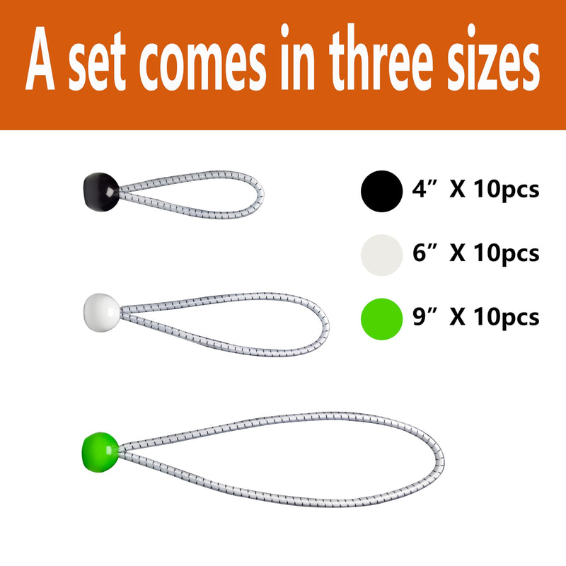 30-Piece Ball Bungee Cords, A Bungee Cord with a Ball Comes in Three Sizes: 4 "6" 9", UV Resistant, Antioxidant, Secure Tie Down. (30, Black, White, Green) 30