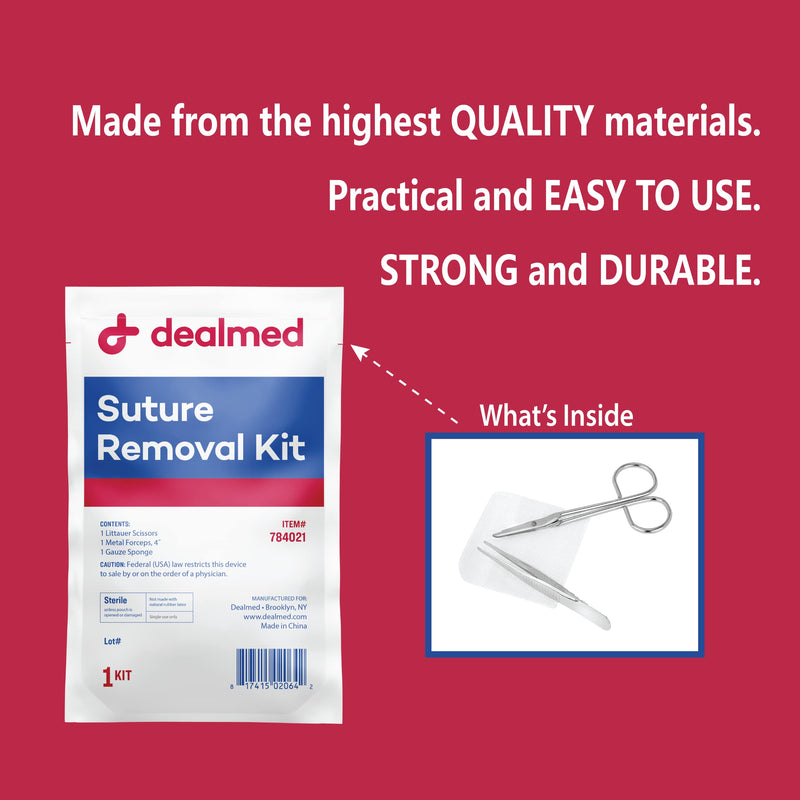 Dealmed Sterile Suture Removal Kit, Includes Suture Removal Scissors, Forceps, and Gauze Sponge, Suture Removal Tool Single-Use Kit, Ideal for Hospitals and Clinics 1