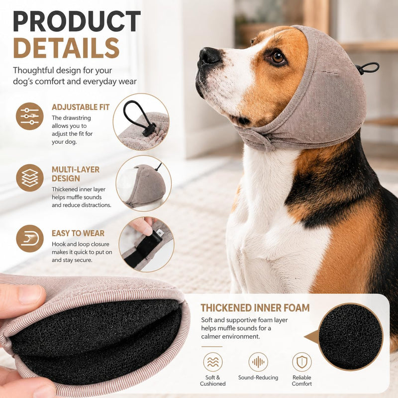 Upgraded Dog Ear Muffs with Soundproof Foam, Noise Protection, No Shake Ear Wrap, Calming Hoodie for Fireworks Grooming Bath Coffee L Mocha Bark Large
