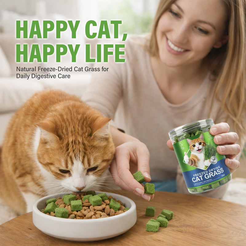 Freeze Dried Cat Grass Treats for Indoor Cats - Chicken & Wheatgrass Dice for Hairball Control & Dental Care, Grain Free High Protein Training Rewards, Digestive Support Cat Snacks (120g)