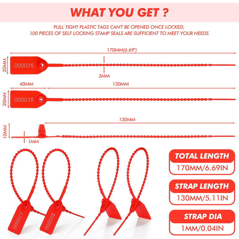 Nuanchu 100 Pcs Plastic Tamper Seals Numbered Zip Ties Fire Extinguisher Tags Disposable Self-Locking Tie, 170 mm Length(Red) Red