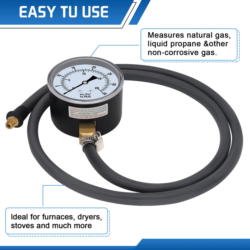 Boltigen Manometer Gas Pressure Tester, Natural Gas or LP Gas Manifold Pressure Test Kit with Gauge 0-35'' W.C, 1/8'' NPT, 1/4'' NPT Barb Fitting LP Gas Pressure Tester, 40'' Hose