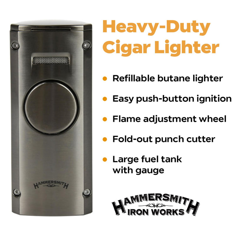 Hammersmith Howitzer Table Butane Torch Lighter for Cigars and Cigarettes, Refillable Lighters, Cigar Torch with Fold-Out Punch Cutter, Push-Button Ignition, & Flame Adjustment - Gunmetal