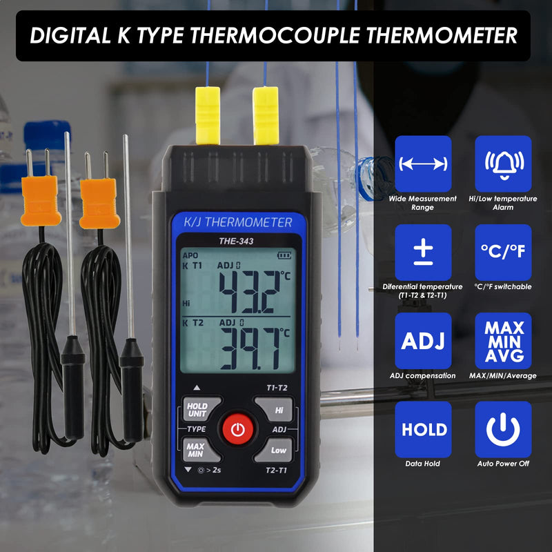 Thermocouple Thermometer Digital K Type Thermometer with 4 Thermocouples, -328~2500℉ Measuring Range HVAC Thermometer Dual Channels Temperature Meter Gauge with LED Backlight & ADJ Compensation 2 Channels Thermometer