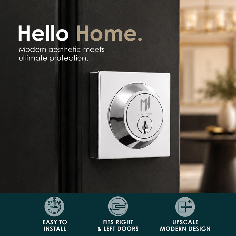 Mega Handles - Glamor Deadbolt I Entry Deadbolt Lock - Heavy Duty Round Locking Deadbolt for Left or Right-Handed Doors - Interior/Exterior - Polished Chrome 1