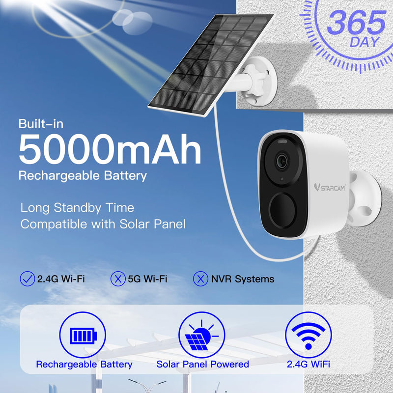 VSTARCAM Solar Security Camera Wireless Outdoor, 2K Camera with Color Night Vision, Solar Cameras for Outside Wireless, Battery Powered, Siren & Spotlight, Two-Way Audio, 2.4 GHz Wi-Fi, No Monthly Fee Solar Panel Camera-CB54