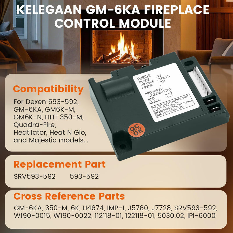 SRV593-592 Electronic Fireplace Control Module, IPI Gas Fireplace Ignition Control Module, Replaces for Dexen SRV593-592, 593-592, GM-6KA, GM6K-N, GM6K-M, Fit Heatilator and Other Fireplace Systems