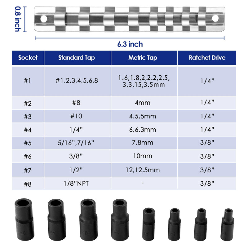 Feekoon 8 Pack Tap Socket Set, 1/4" and 3/8" Drive Tap Socket Adapter Fits all MCTI Standard and Fractional Threads up to 1/2", 1/8" NPT Threads and Metric Threads up to 12mm, with Iron Holder