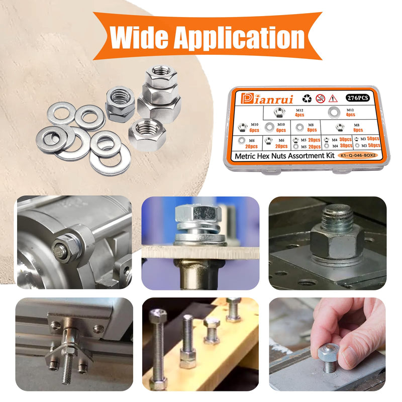 Dianrui 276PCS Metric Hex Nuts Assortment Kit with Flat Washers, 7 Size Nuts and Flat Washer Set (M3 M4 M5 M6 M8 M10 M12) 304 Stainless Steel Hardware Hex Nut for Screw Bolt 276PCS Metric Kit (M3—M12)