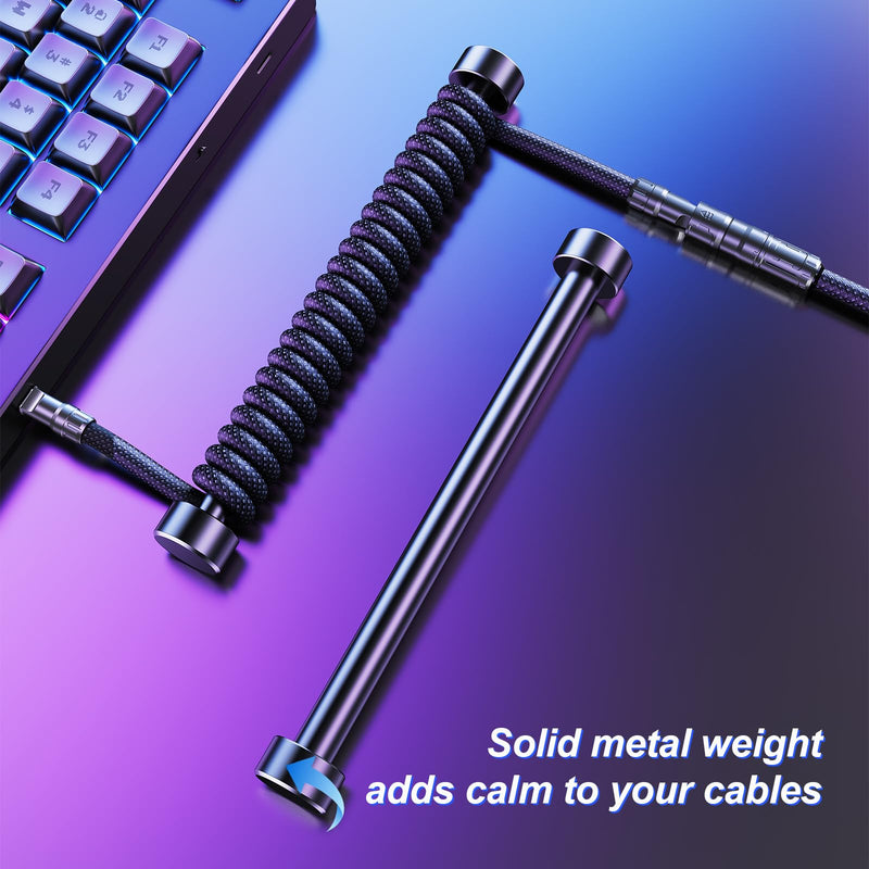 Mix Coiled Keyboard Cable, USB C to A Nylon Braided for Mechanical Gaming Keyboard with Zinc Alloy Connector, One-Touch Lock & Weighted Bar, Supports 8K Polling Rate Magnetic Keyboard, Black