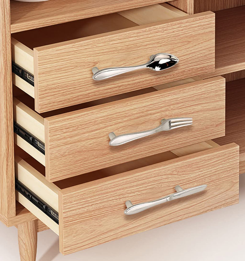 12Pcs Funny Cutlery Tableware Cabinet Pulls,Creative Spoon Fork Knife Shape 3" Hole Center Vintage Kitchen Cupboard Pulls Handles,Cute and Fun (Fork, Silver, 12Pcs)