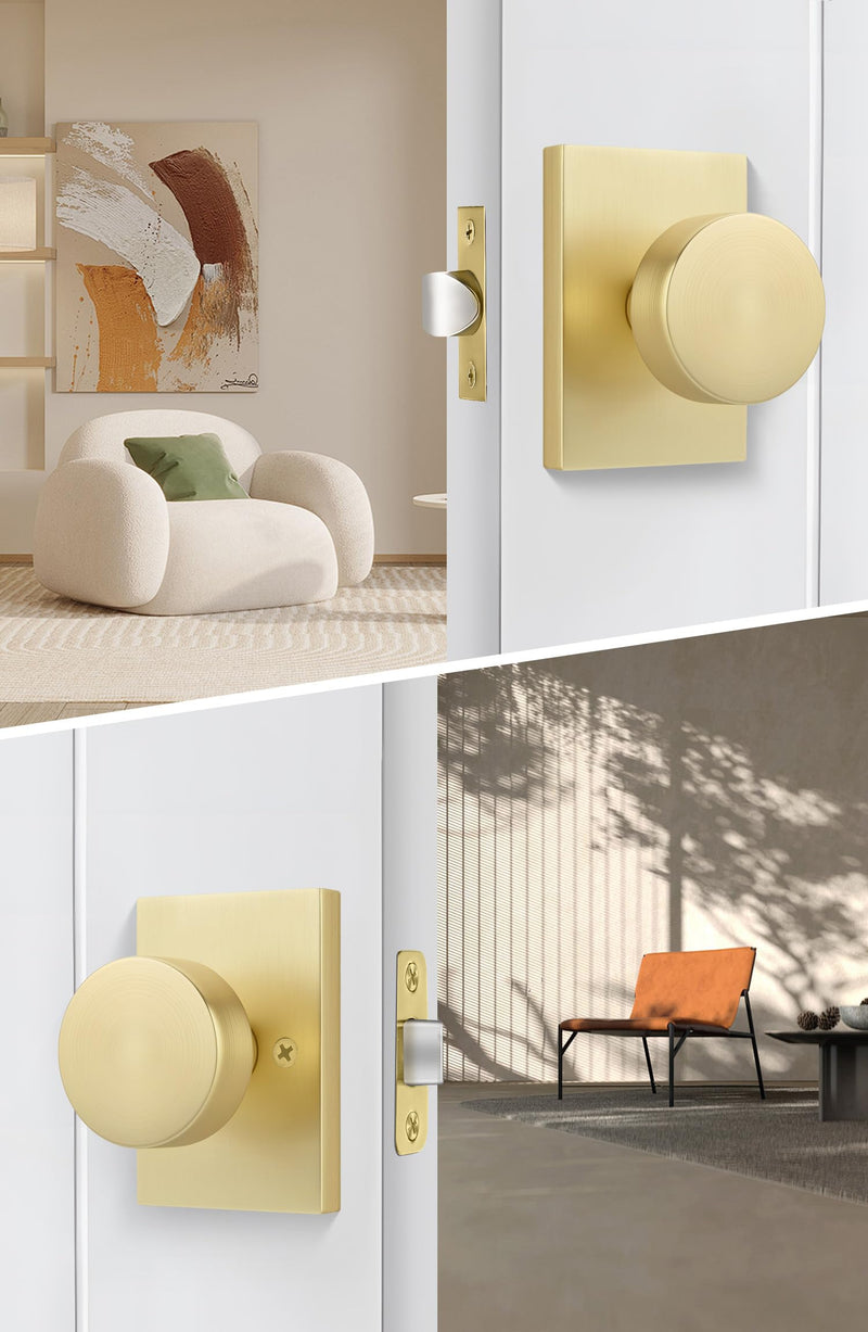 Goldenwarm Gold Closet Door Knob, Heavy Duty Brushed Gold Passage Door Knobs for for Hallway, Closet, Round Interior Door Knob, Zinc-Alloy Rectangle Rosette Indoor Doorknob (1 Pack)