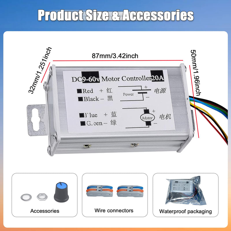 DC Motor Speed Controller ，DC 12V 24V 36V 48V 60V Motor Pulse Width Modulator Regulator Motor Variable Speed Controller with CW/CCW Switch, (1200W 20A CW/CCW Switch and Speed Switch) 1200W 20A CW/CCW SWITCH And Speed Switch