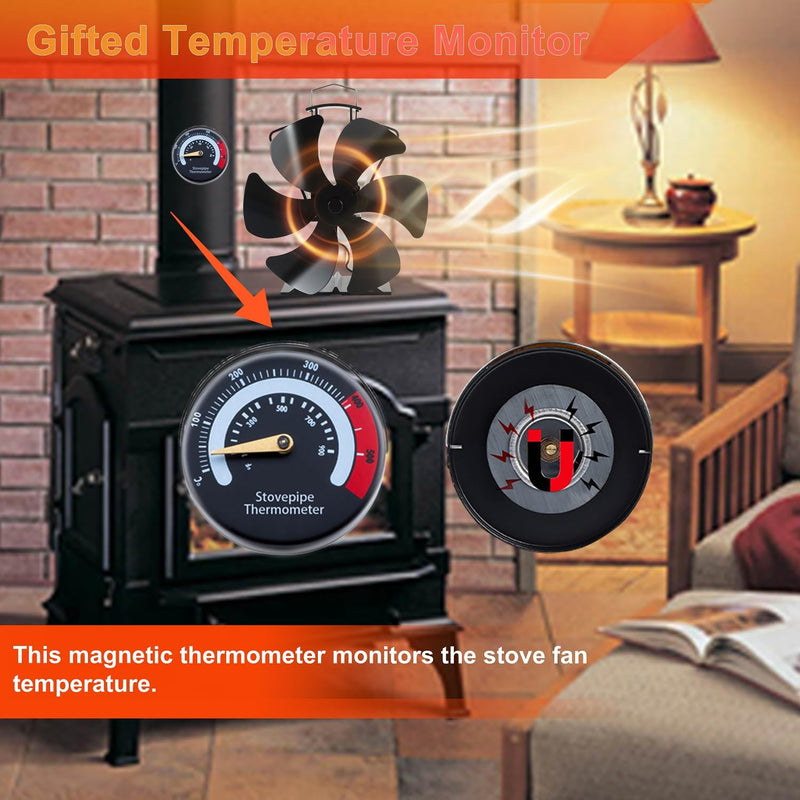 Tomersun Wood Stove Fan Fireplace Fan Heat Powered Stove Fan for Wood Burning/Pellet/Fireplace, with Thermometer Large