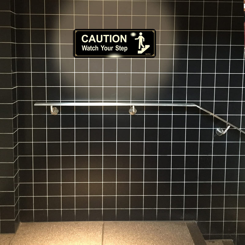 4 Pack Caution Watch Your Step Sign for floor, Acrylic with Symbols Self-adhesive for Home and Business Restaurants Offices 9"x3" Black Gold Easy to Mount Outdoor or Indoor Use Black Caution Watch Your Step black+white+gold