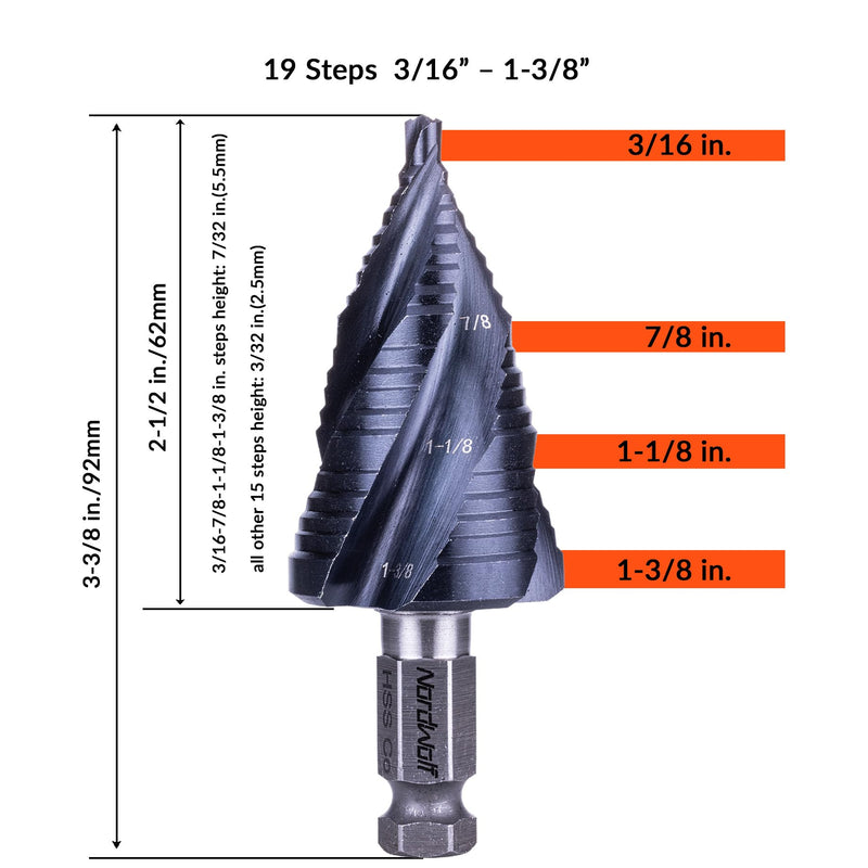 NordWolf HSS Cobalt Step Drill Bit, Four Spiral Flutes Impact Ready with 7/16" Hex Shank Unibit for Stainless Steel, Aluminum, Copper & Hard Metals, 19 SAE Step Sizes 3/16" to 1-3/8"