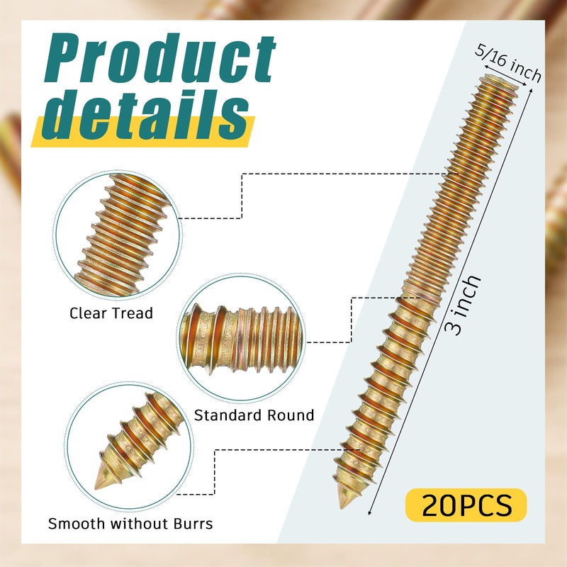 Hicarer 20 Pack 5/16-18 x 3 Inch Hanger Bolts Double Headed Bolts with Hanger Bolt Driver Self Tapping Screw Threaded Rod Hanger Bolts for Furniture Screws Double Screw Bolt for Wood Furniture Joint 5/16-18 x 3 inches