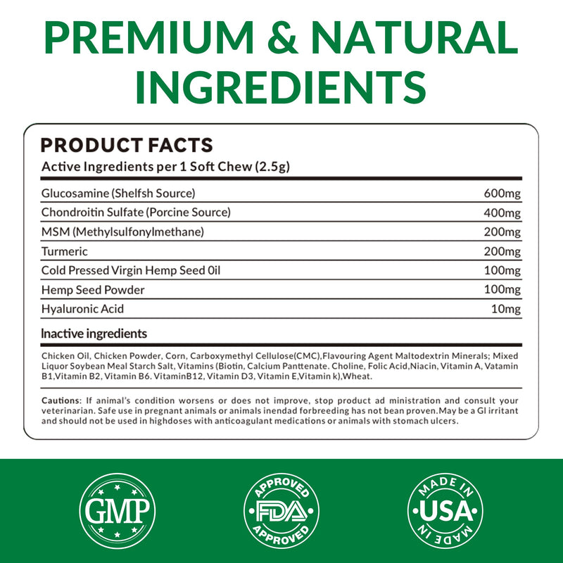 Glucosamine for Dogs Hip and Joint Supplement Chews,Mobility Support Supplement -Glucosamine chondroitin-MSM，Hip & Joint Support-Digestion,Probiotics-120 Chews