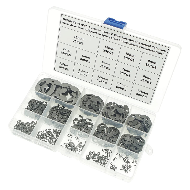 525PCS 14 Kinds Metric E-Clips Side-Mount External Retaining Rings Assortment Kit,1.2mm to 15mm Nominal Diameter,Black Phosphate Finish 1.2mm to 15mm