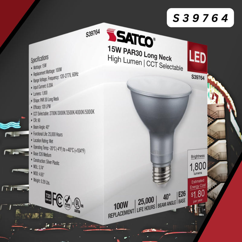 Satco S39764 15 Watt PAR30 Long Neck LED Reflector Light Bulbs High Lumen 27K/30K/35K/40K/50K CCT Selectable E26 Medium Base 120-277 Volt Wet Location Non-Dimmable (2 Pack)