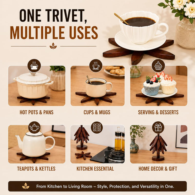Wooden Trivet - Wooden Trivets for Hot Dishes - Tree Shaped Wooden Trivet - 4 Wooden Trivets with 1 Stand - Space-Saving Coaster Tree for Pots, Pans, Serving Dishes, Tables & Counters